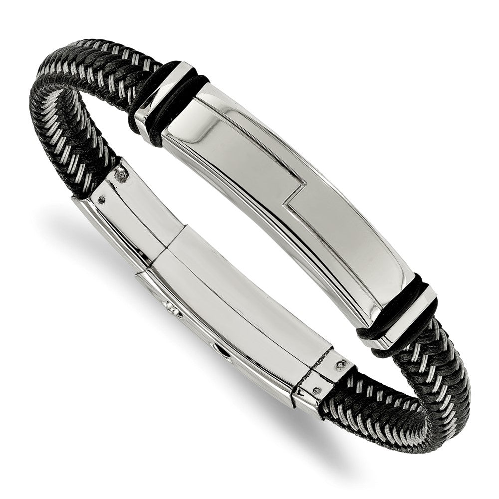Stainless Steel Polished Blk Leather w/Rubber Adj 8.25-8.75in ID Bracelet