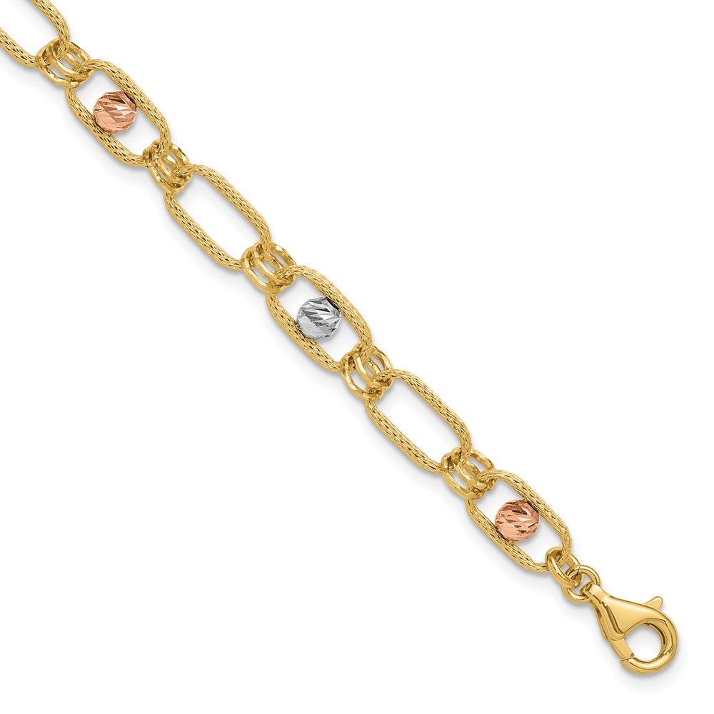 14K Tri-color Polished/Textured/Dia-cut Fancy Link Bracelet 7  inches