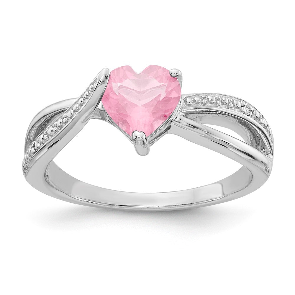 Sterling Silver Heart Shaped Pink CZ & Diamond Ring