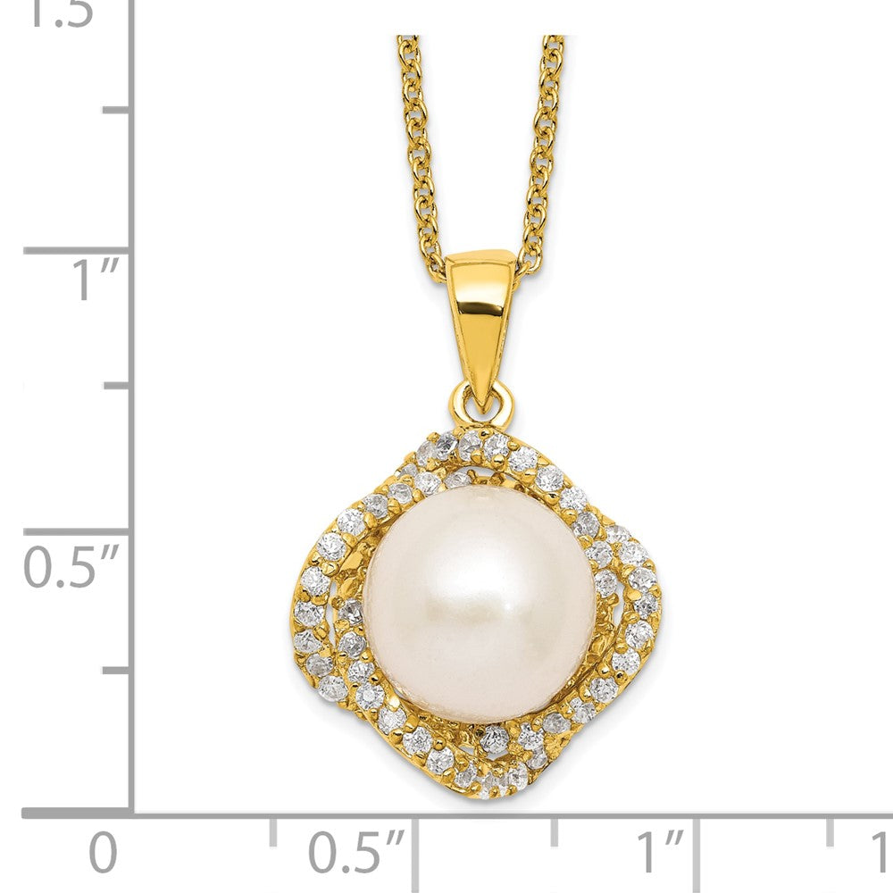 Sterling Silver Gold-plated Fancy Gallery FWC Button Pearl & CZ Necklace