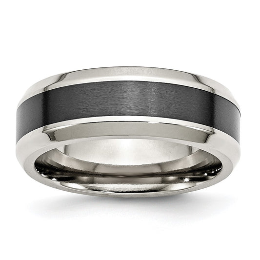 Stainless Steel Base w/Brushed Black Ceramic Center Beveled Band Size - 8