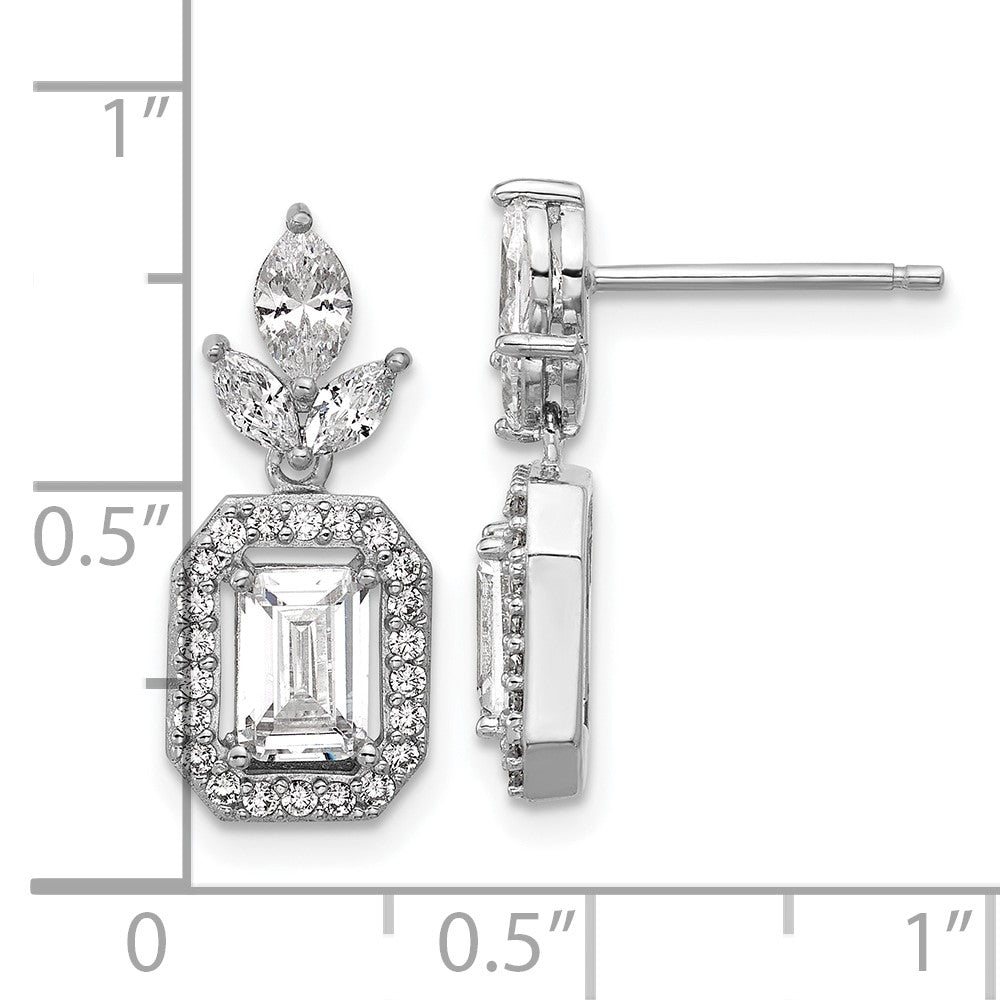 Cheryl M Sterling Silver Rhodium-plated Polished Fancy Emerald-cut CZ Halo Post Dangle Earrings