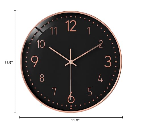 Modern Minimalist Rose Gold on Black Silent Wall Clock With Glass Top (Numerical Dial)