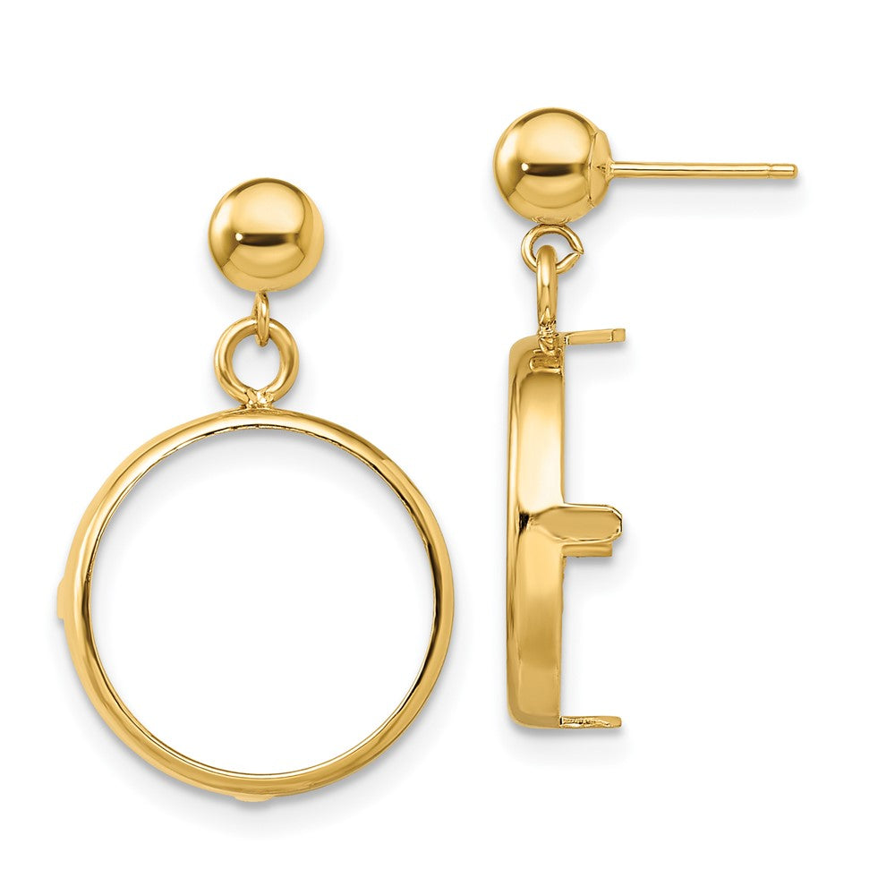 Wideband Distinguished Coin Jewelry 14k Polished Classic Prong 15.0mm Coin Bezel Post Dangle Earrings