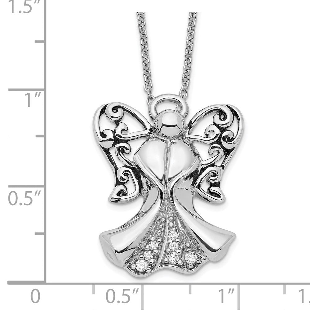 Sentimental Expressions Sterling Silver Rhodium-plated CZ Antiqued Angel of Strength 18in Necklace 18 Inches