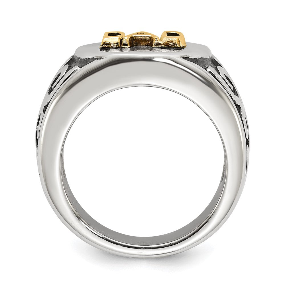 Chisel Stainless Steel Polished with 14K Gold Accent and .01ct Diamond DAD with Black Enamel Shield Ring Size - 10
