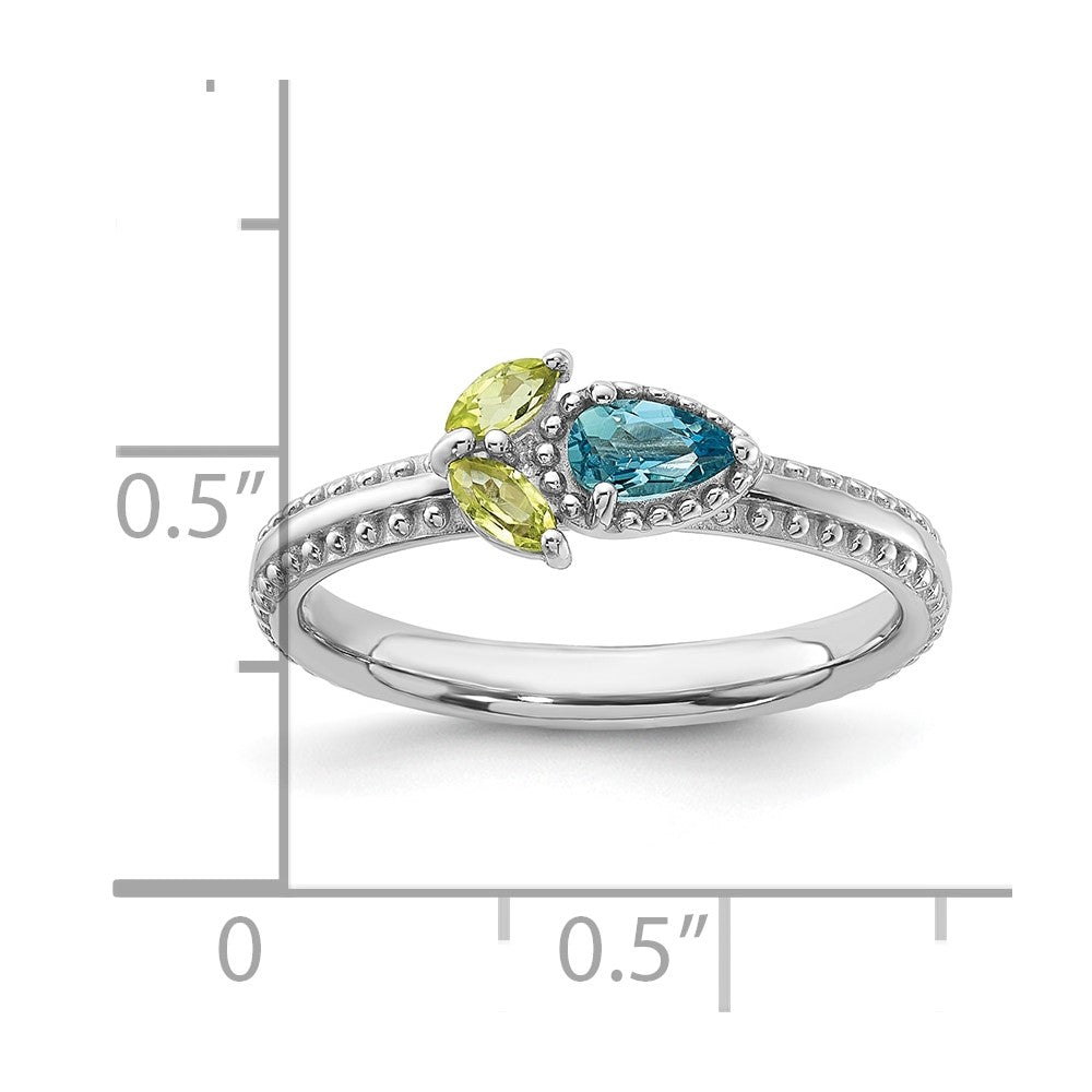 Sterling Silver Stackable Expressions Rhodium-plated Lt Swiss Blue Topaz & Peridot Flower Ring Size -8