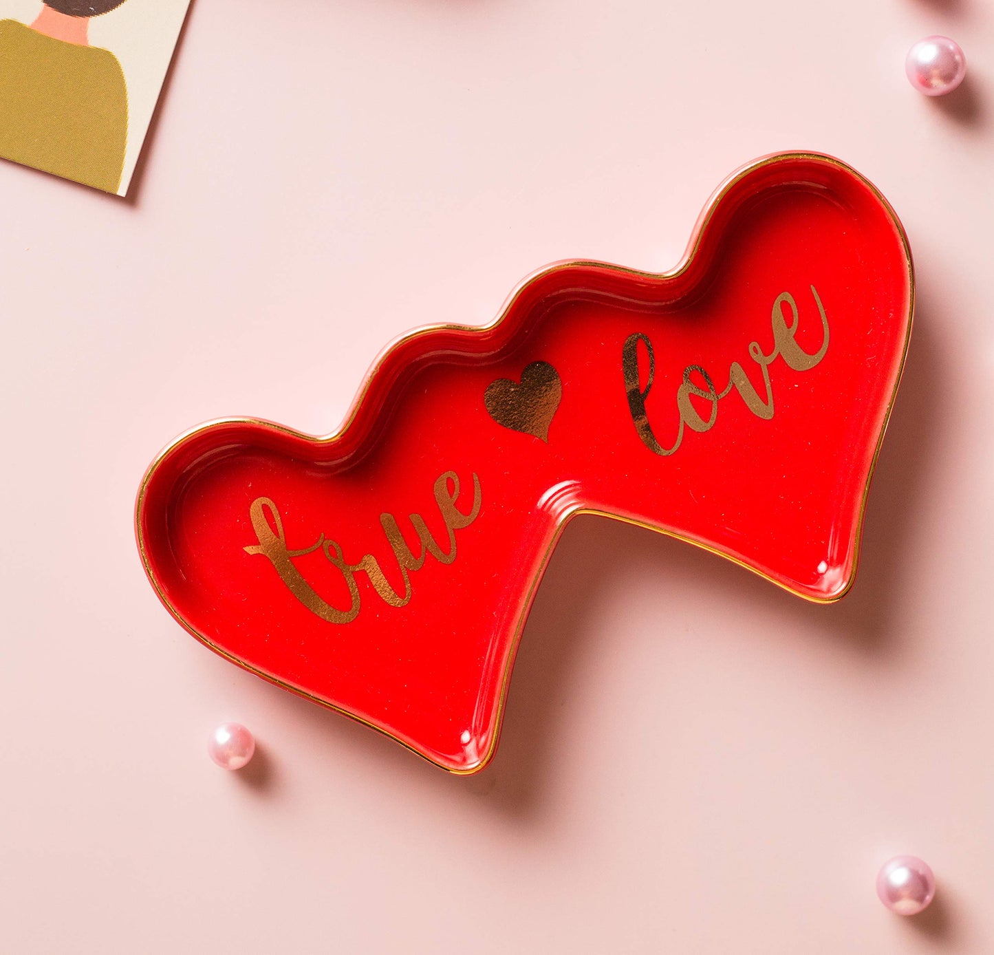 Double-Hearted Ceramic Trinket Plate and Decorative Jewelry Dish
