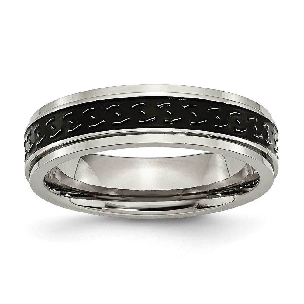 Titanium Polished Black Enamel Braid Design 6mm Ridged Edge Band Size - 8.5