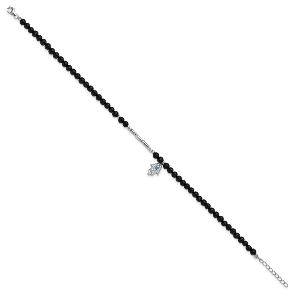 Cheryl M Sterling Silver Rhodium-plated Polished Onyx Crystal and CZ Hamsa 9.5 Inch with 1 Inch Extension Anklet 9.5 inches