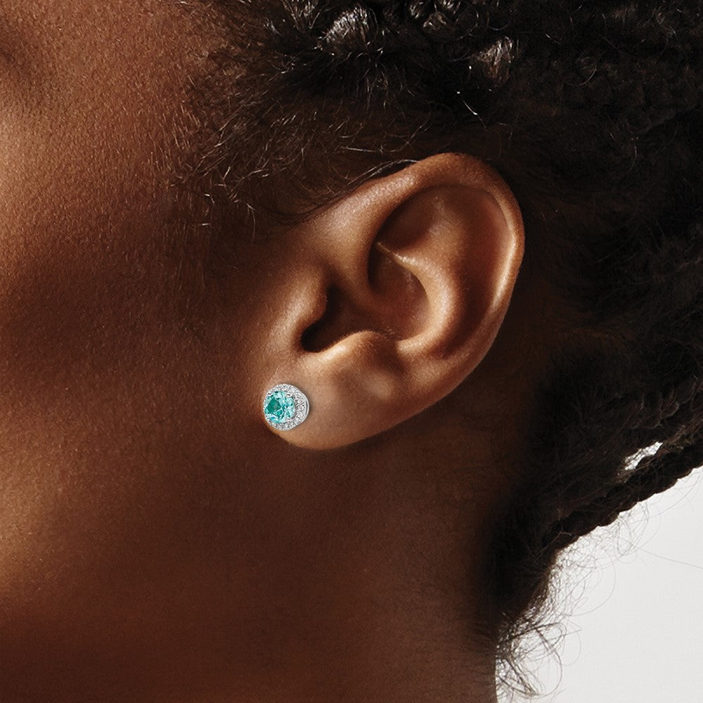 Pure Serenity 14k White Gold 1/8 carat Lab Grown Diamond VS/SI+ G+ and Lab Created Paraiba Post Earrings