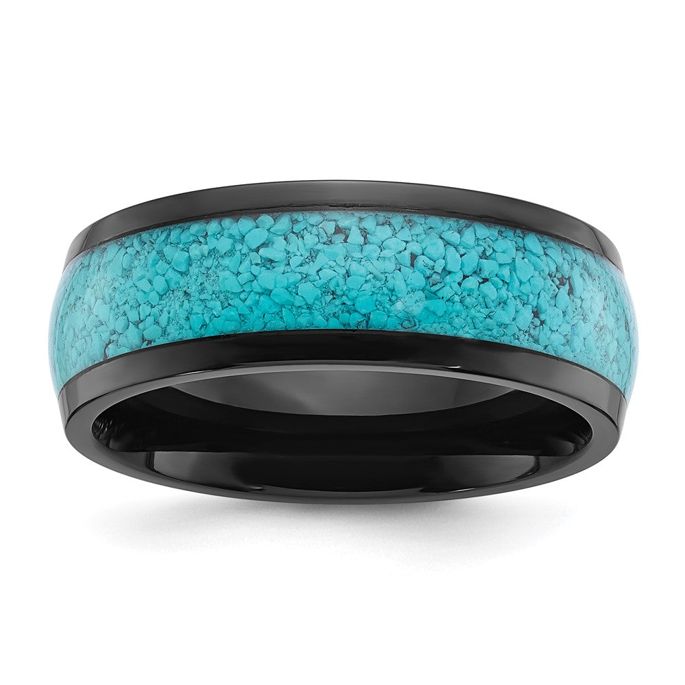 Chisel Stainless Steel Polished Black IP-plated with Imitation Turquoise Inlay 8mm Band Size - 10.5