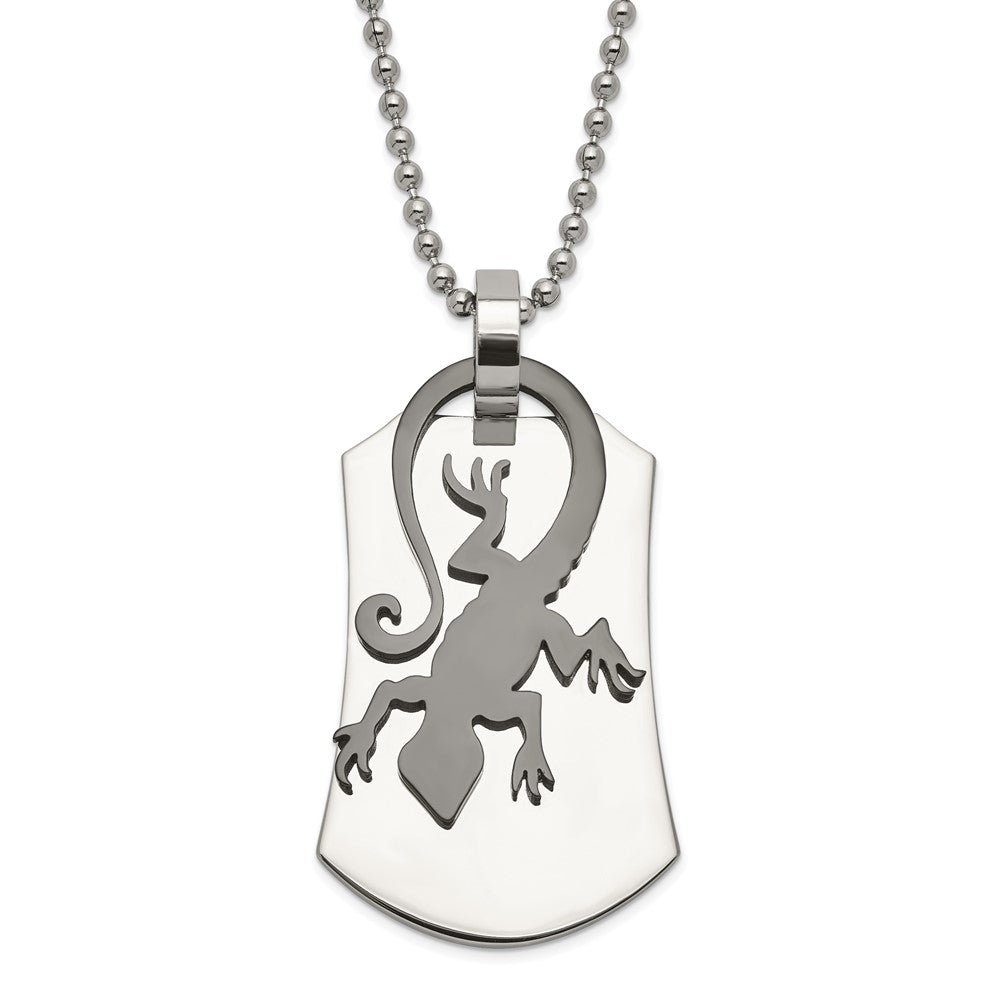 Stainless Steel Polished & Black Enamel Lizard Necklace