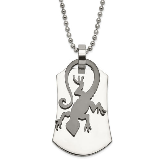 Stainless Steel Polished & Black Enamel Lizard Necklace