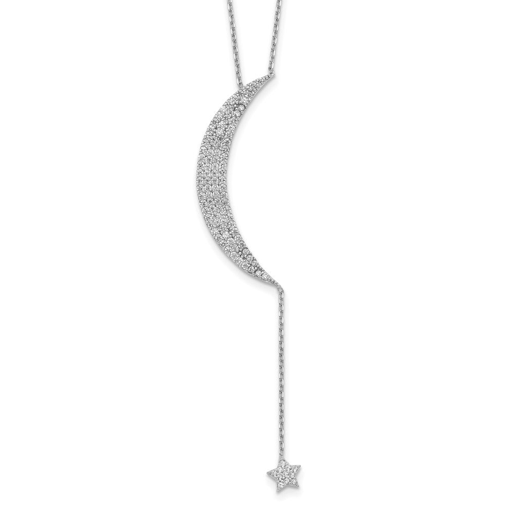 Sterling Silver Rhod-plated CZ Moon and Star w/2in ext. Necklace 16 Inches