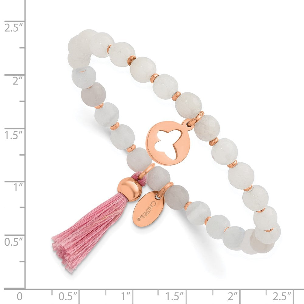 Stainless Steel Polished Rose IP Butterfly Pink Agate Beaded Stretch Bracel 6.25 inches