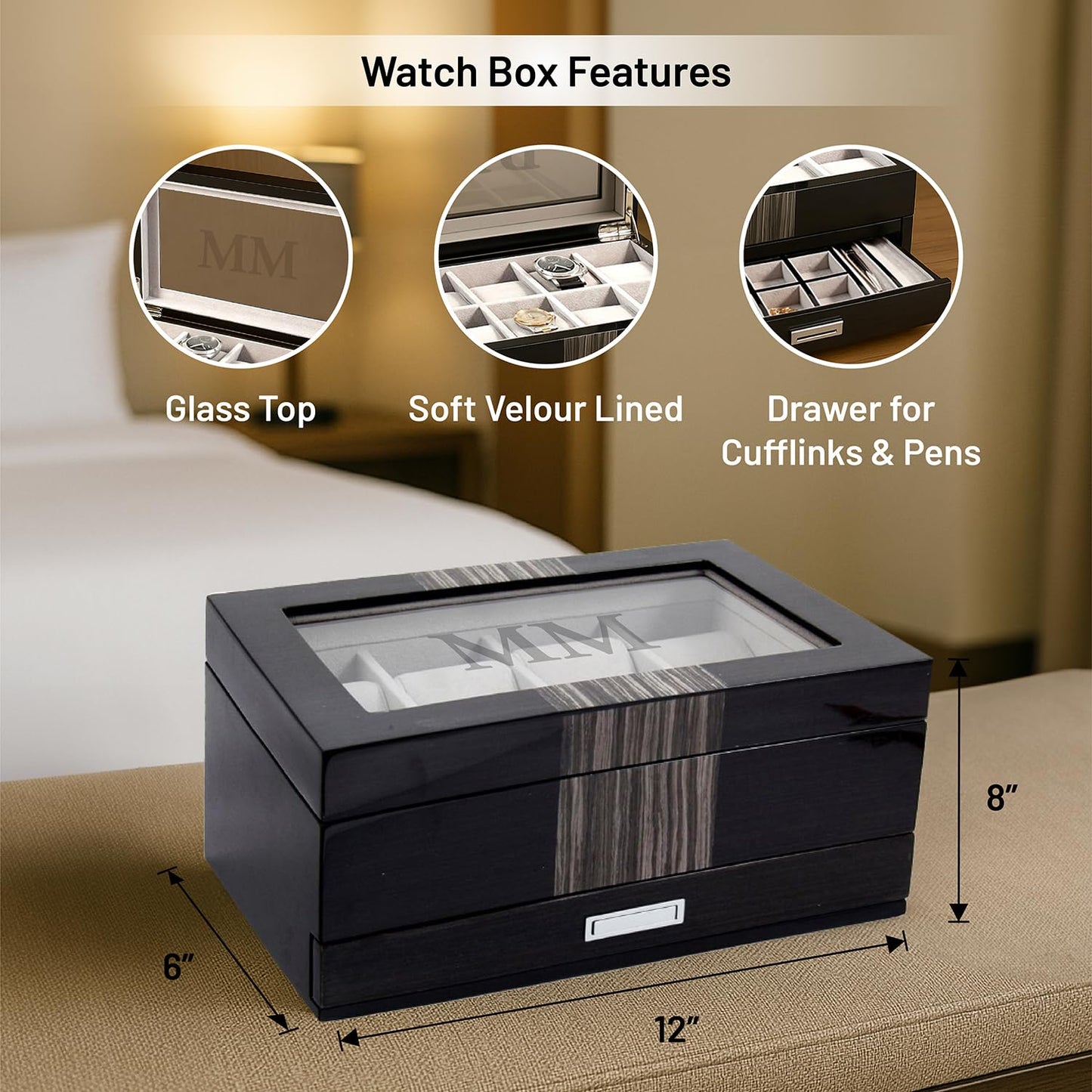 High Gloss Lacquered Wenge Wood Finish Glass Lid 1-Drawer Velour Lined 8-Watch, Cuff Link, and Pen Case GM8736
