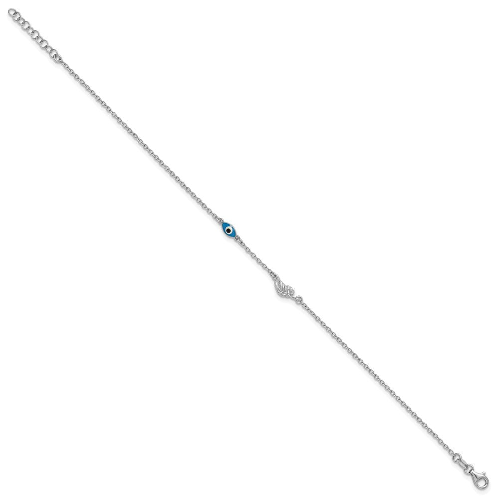 Sterling Silver Rhodium-plated Glass Evil Eye 3-Station 9 inch with 1 inch Extension Anklet