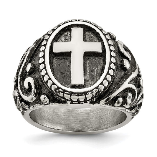 Stainless Steel Antiqued and Polished Cross Ring Size - 9