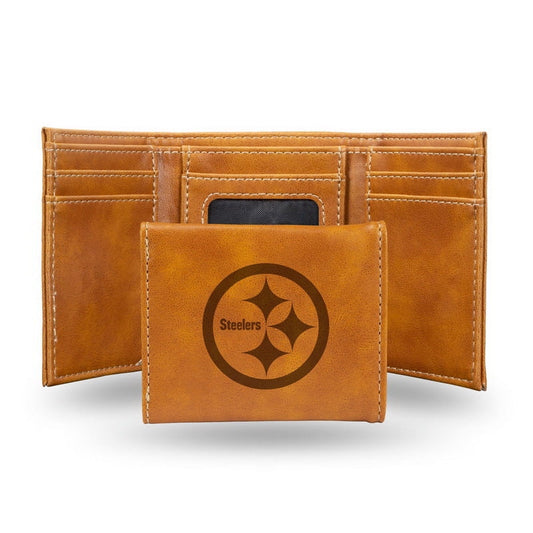 Football Rico Industries Pittsburgh  Brown Laser Engraved Trifold Laser Engraved Tri-Fold Wallet - Men's Accessory