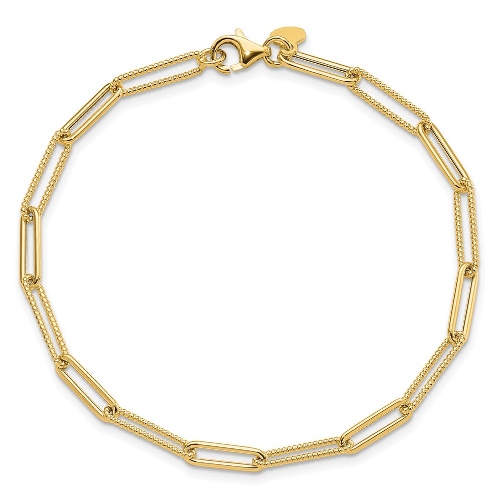 14K Polished and Textured Paperclip Link Bracelet 7.5  inches