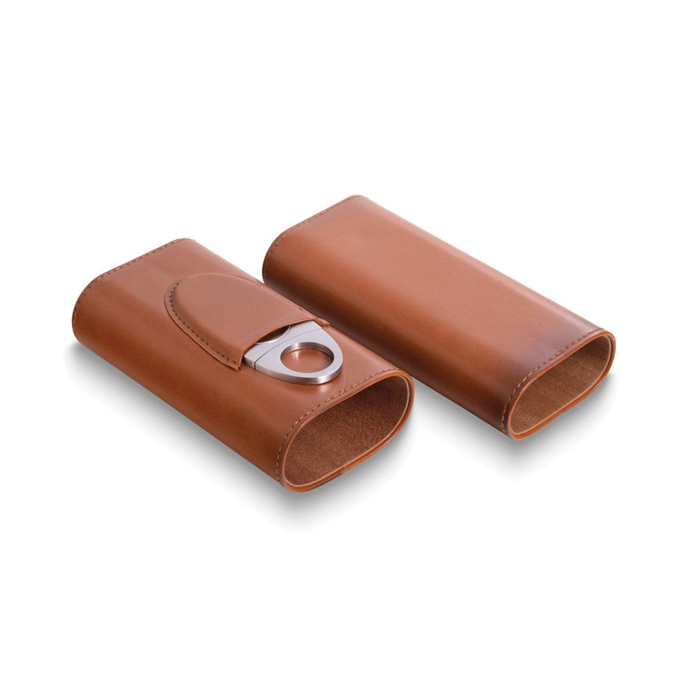 Brown Leather Three Cigar Holder with Stainless Steel Cutter Set