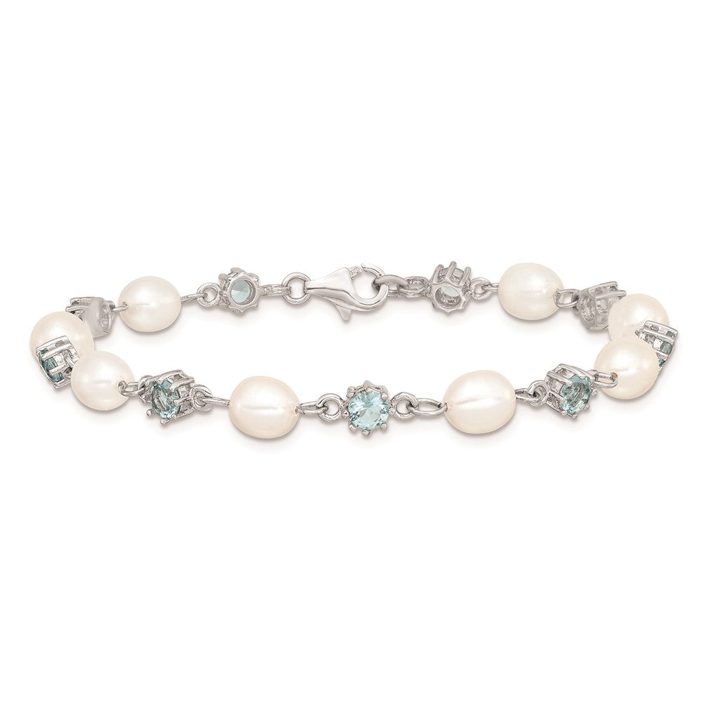Sterling Silver Rhodium Blue CZ FW Cultured Pearl Bracelet 7 inches