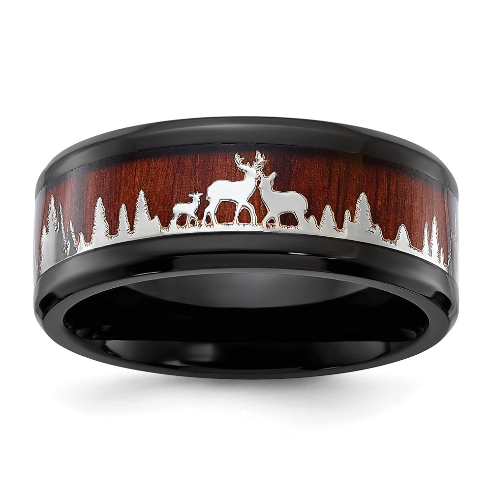 Chisel Stainless Steel Polished Black IP-plated with Wood Inlay Deer in Forest Design 9mm Band Size - 9