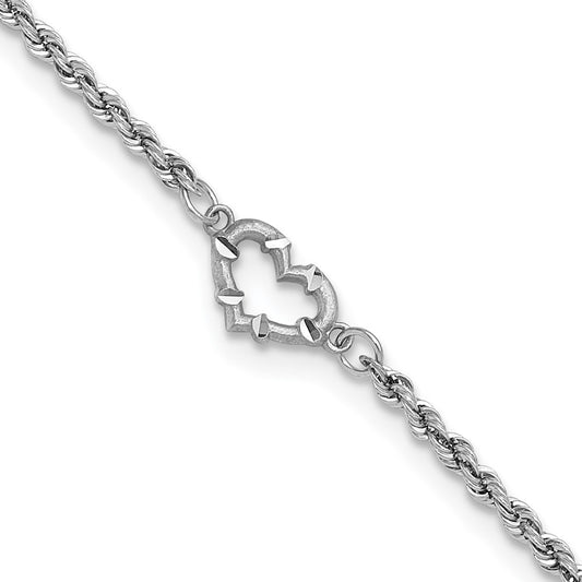 14k White Gold Diamond-cut Rope with Heart 10in Anklet 10 inches