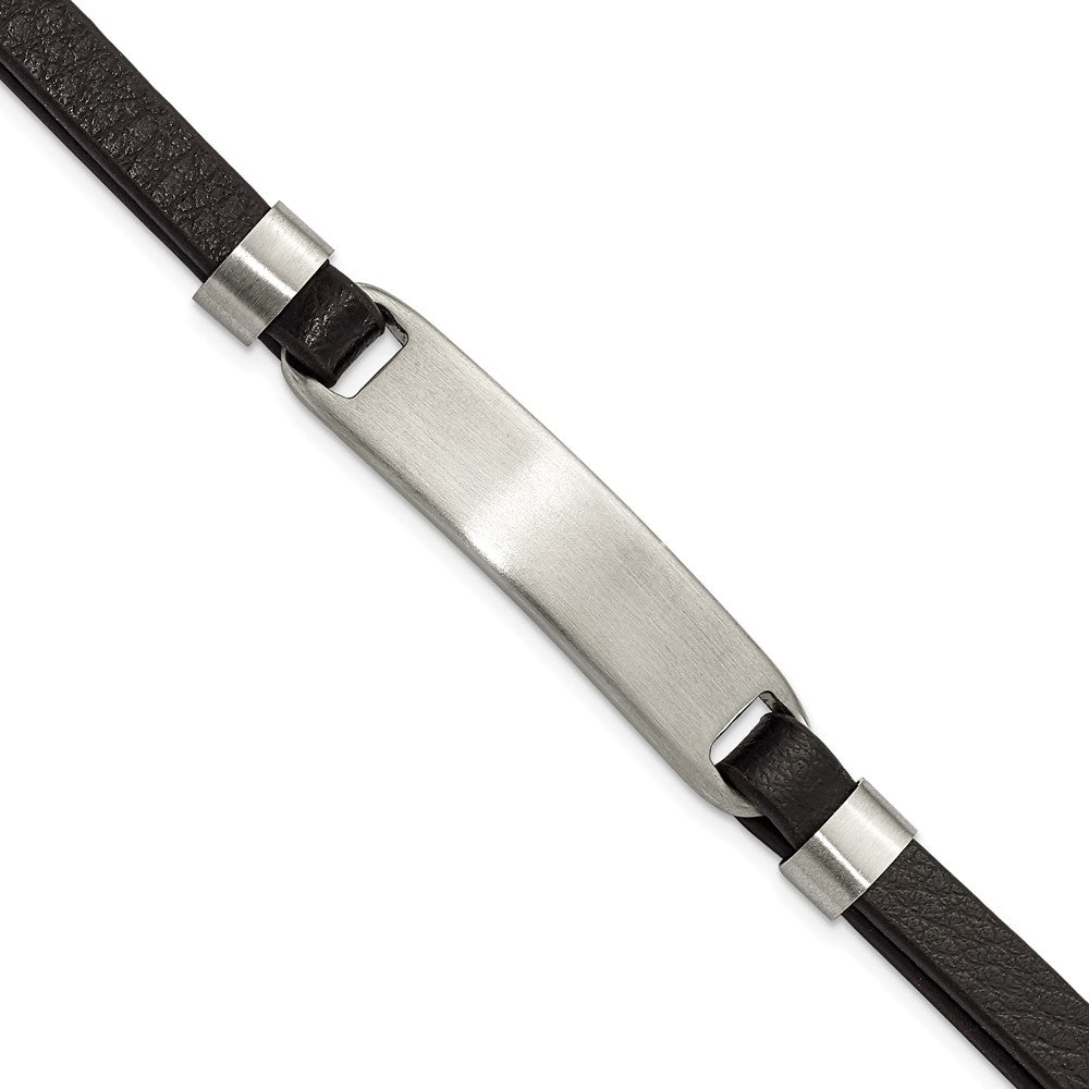 Stainless Steel Brushed Black Leather 8in w/ .5in ext. ID Bracelet 8 inches