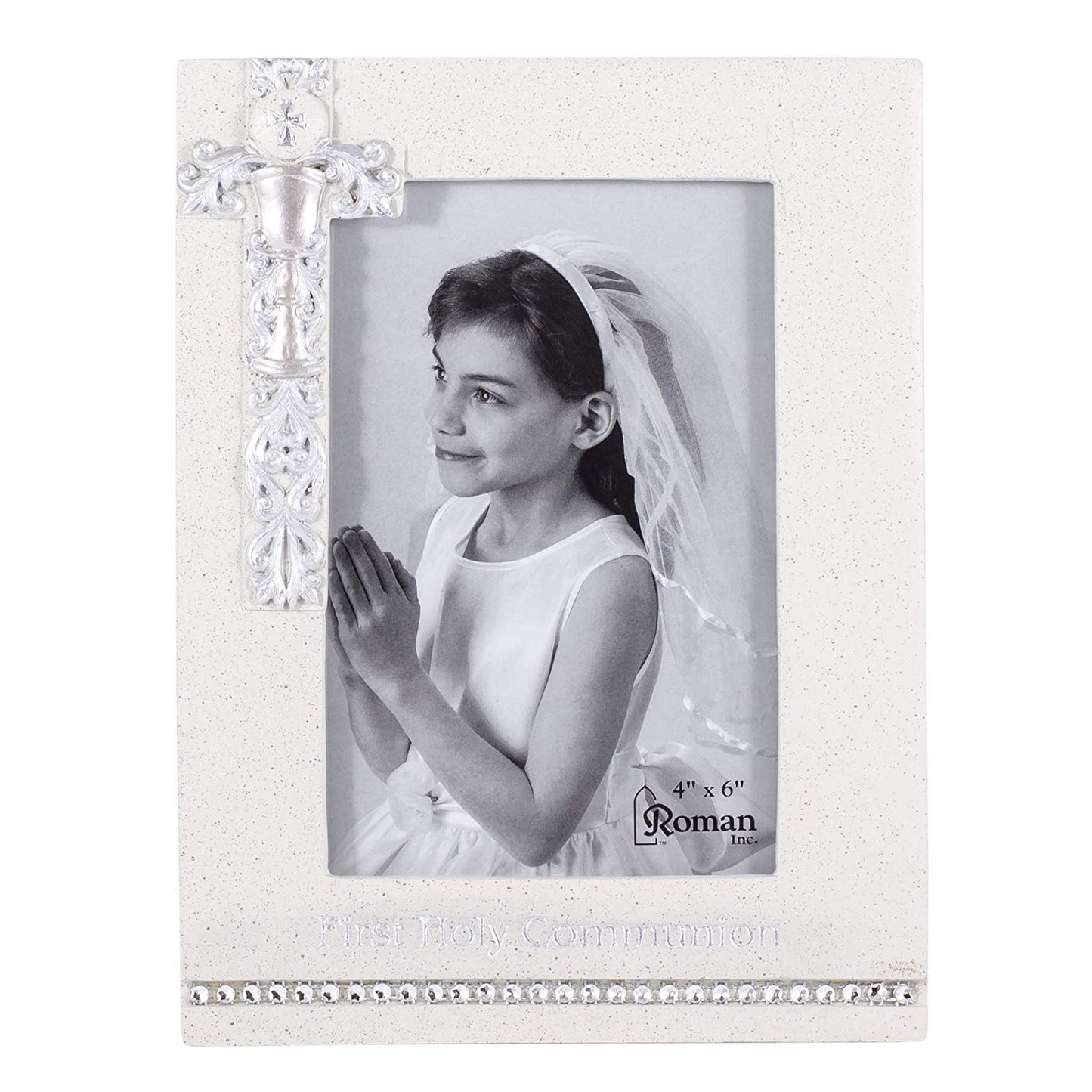 8" First Holy Communion White Frame with Silver Scroll Chalice Design - Holds 4x6 Photo