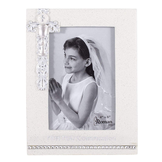 8" First Holy Communion White Frame with Silver Scroll Chalice Design - Holds 4x6 Photo
