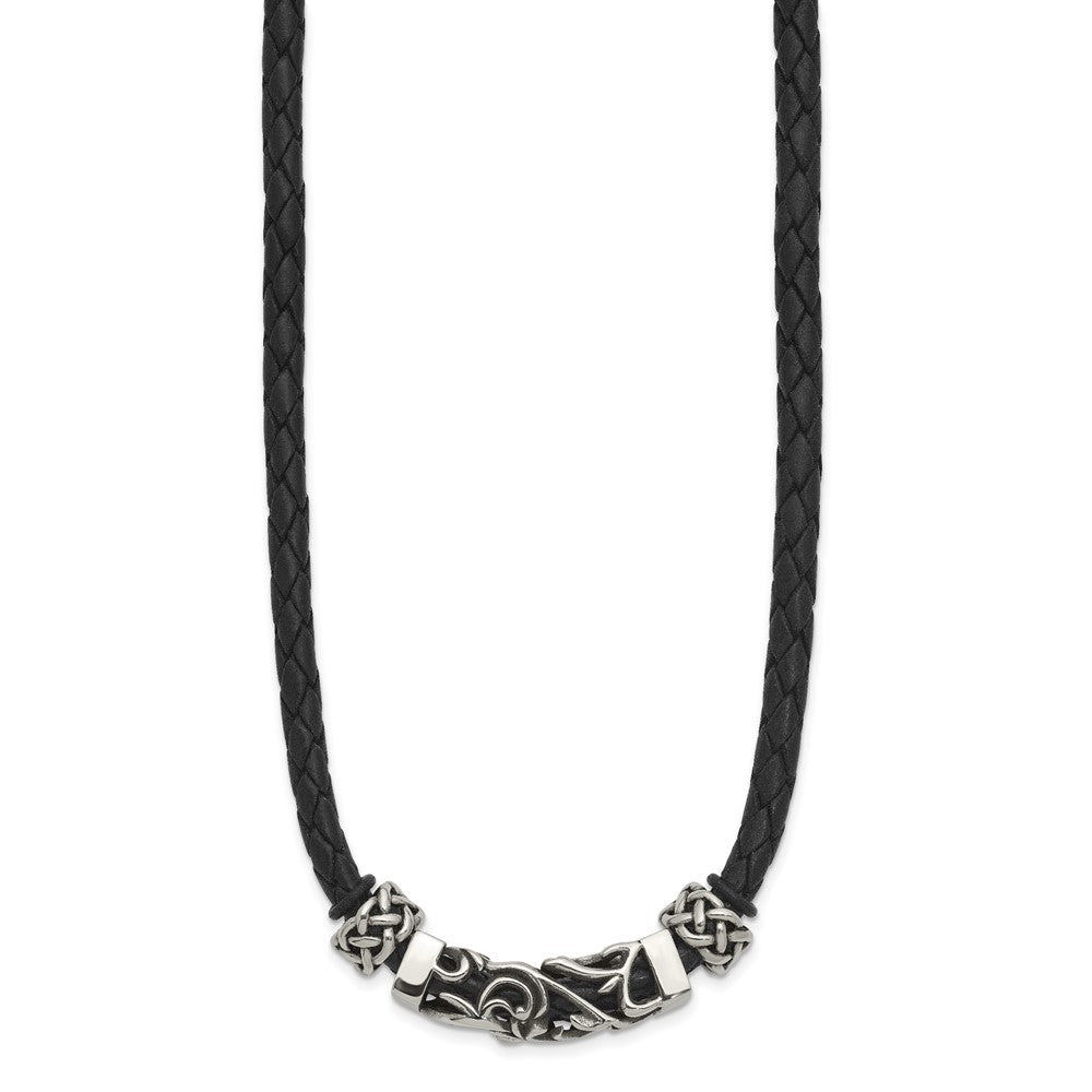 Stainless Steel Black Leather w/Antiqued Beads 19.75in Necklace
