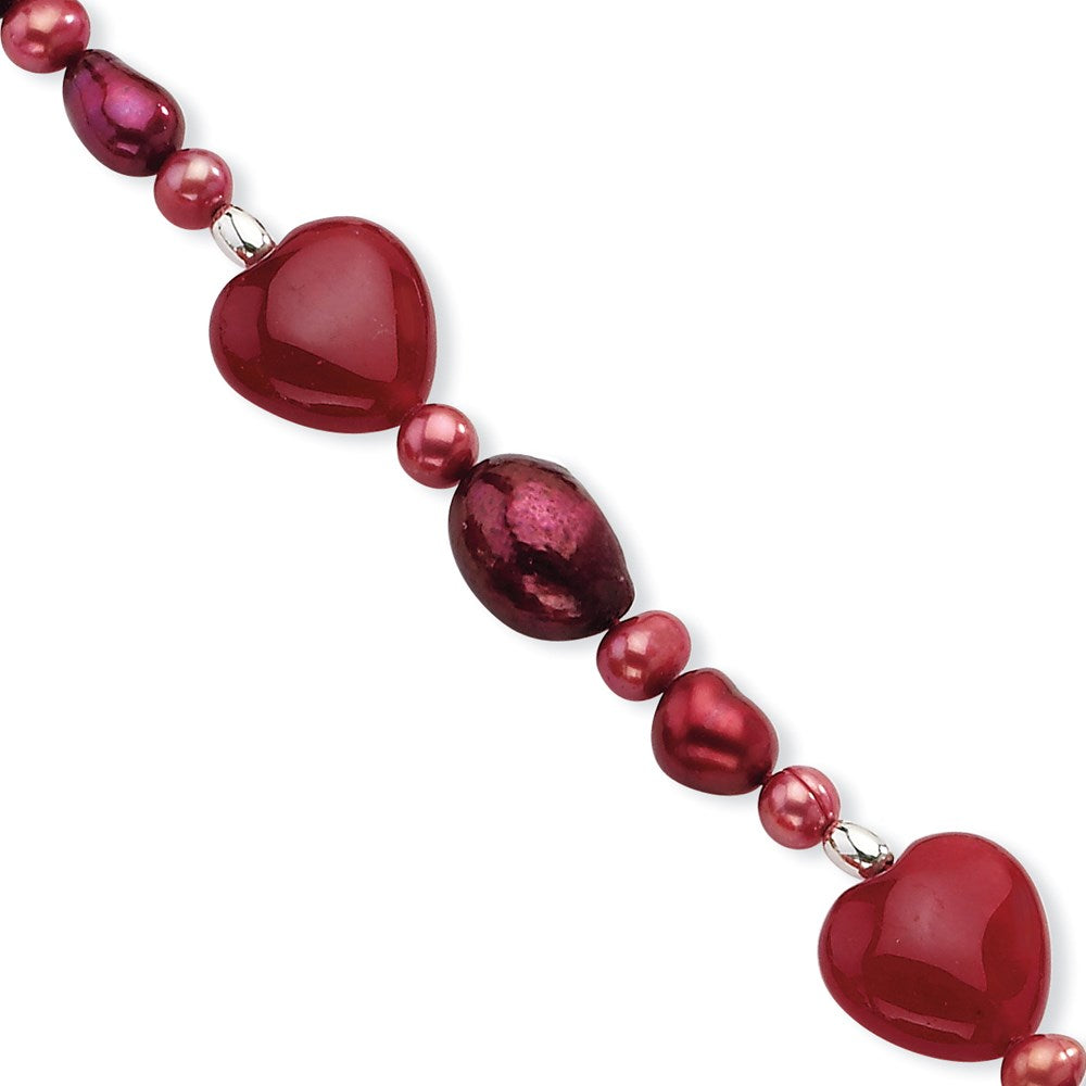 Sterling Silver Red Jade Hearts/FW Cultured Pearl Bracelet 7.5 inches
