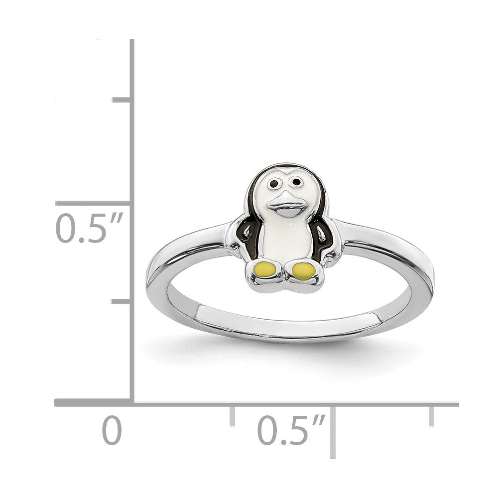 Sterling Silver Rhodium-plated Childs Enameled Penguin Ring
