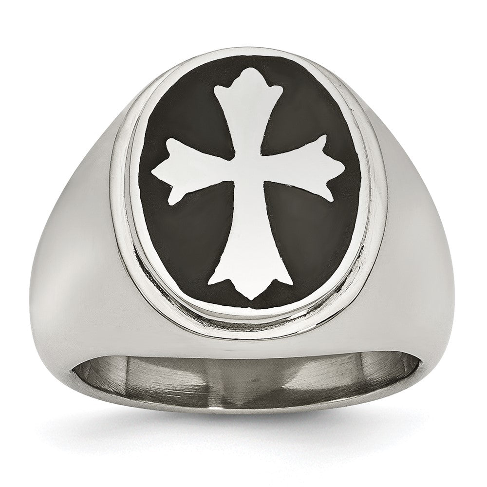 Stainless Steel Polished Black Enameled Cross Ring Size - 9
