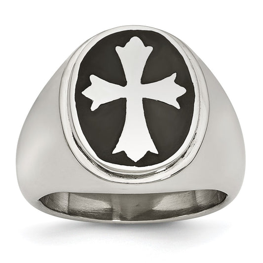 Stainless Steel Polished Black Enameled Cross Ring Size - 9