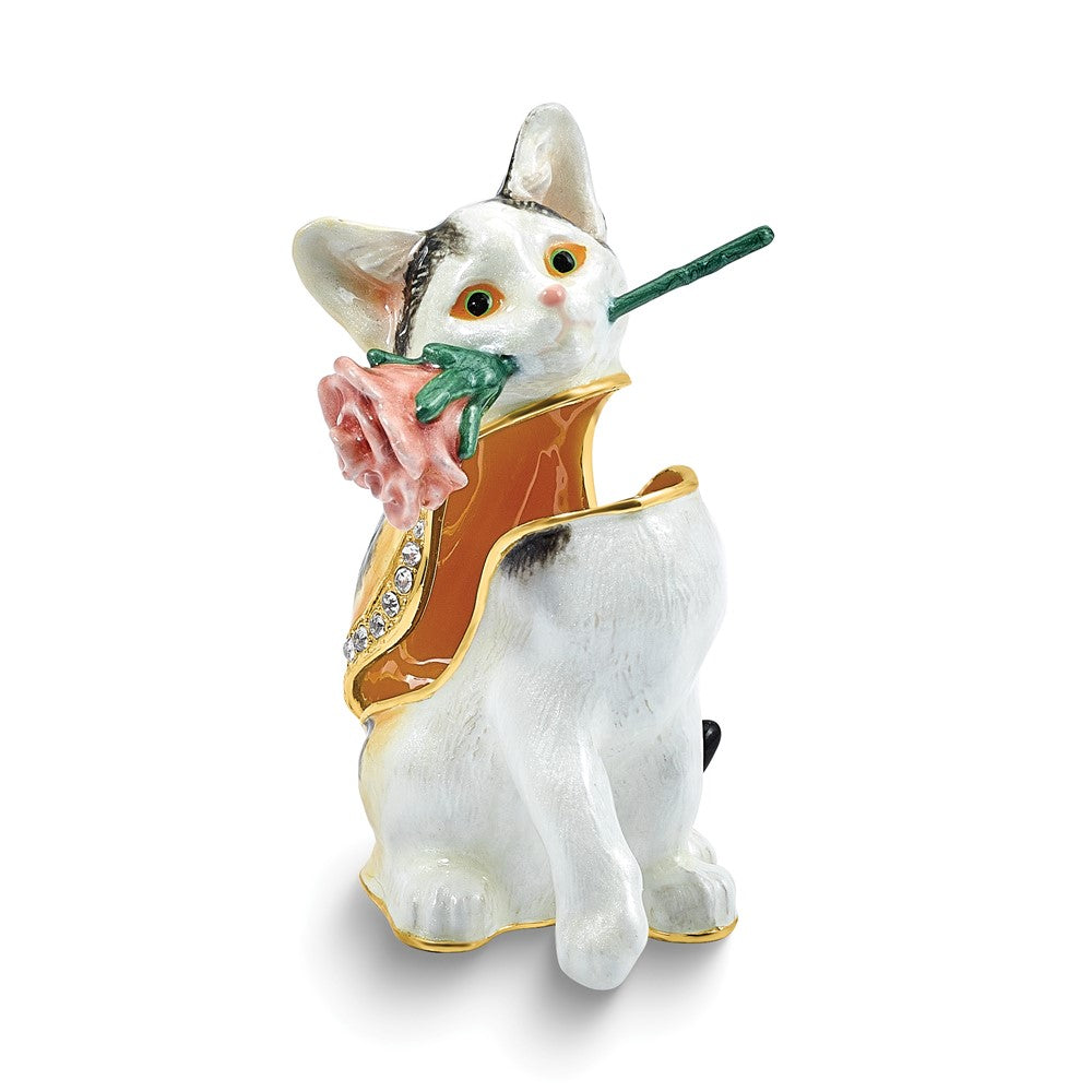 Luxury Giftware by Jere Bejeweled ROSEY RASCAL Cat with Rose Trinket Box with Matching 18 inch Necklace