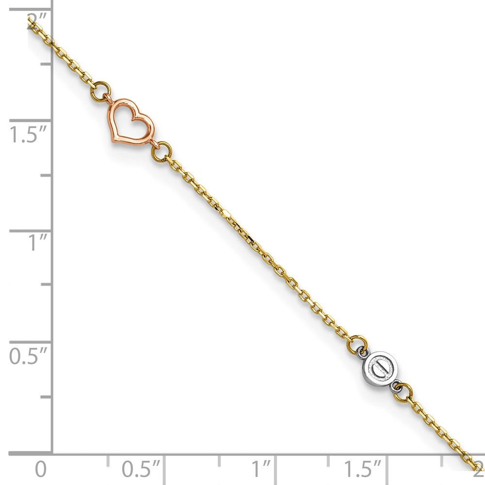 14k Tri-color Polished Hearts and Circles 9 inch with 1 inch Extender Anklet