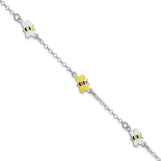 Sterling Silver Polished & Enameled Bees Children's Bracelet 6 inches
