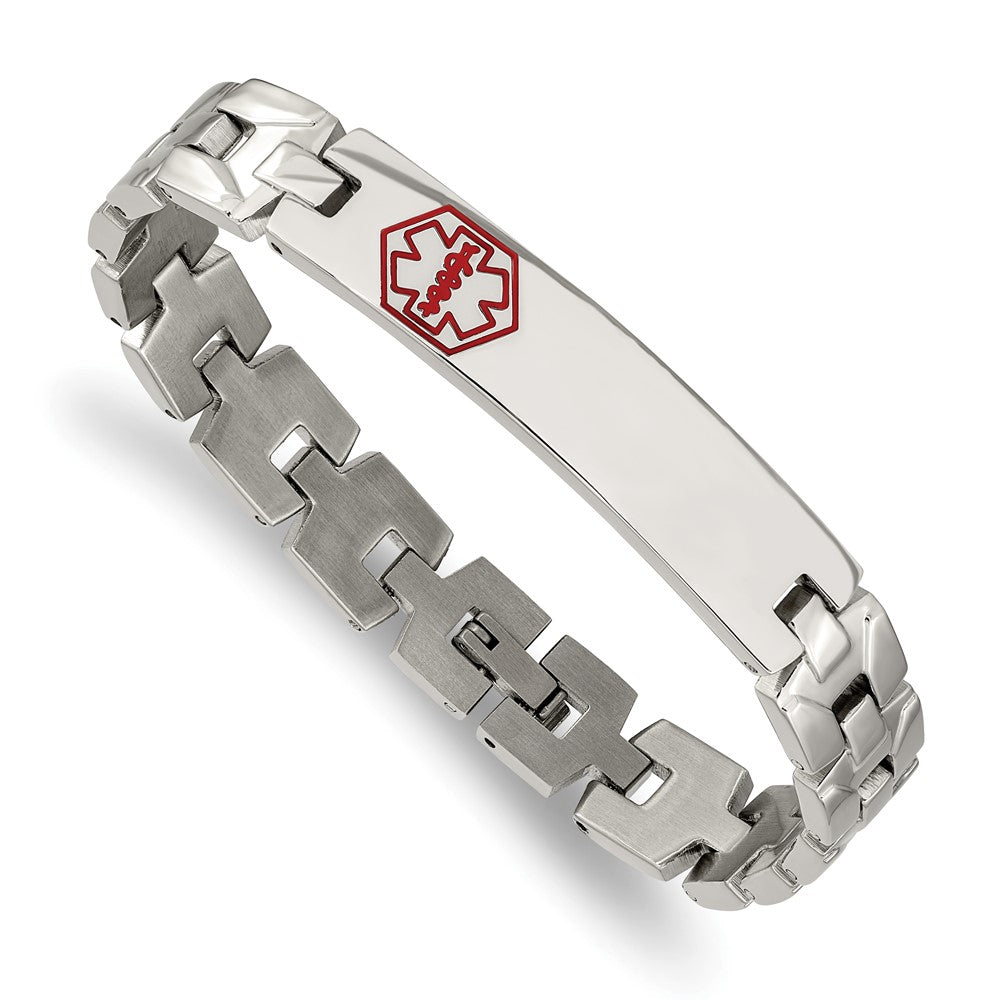 Stainless Steel Brushed & Polished Red Enamel 8in Medical ID Bracelet 8 inches