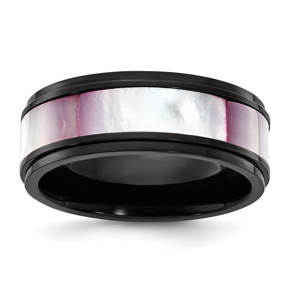 Titanium Black IP-plated Pink Mother of Pearl Inlay 8mm Band Size - 9.5
