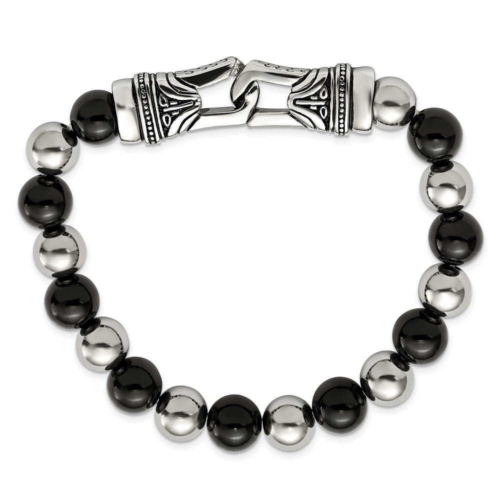 Stainless Steel Antiqued and Polished Black Agate Stretch Bracelet 7.25 inches
