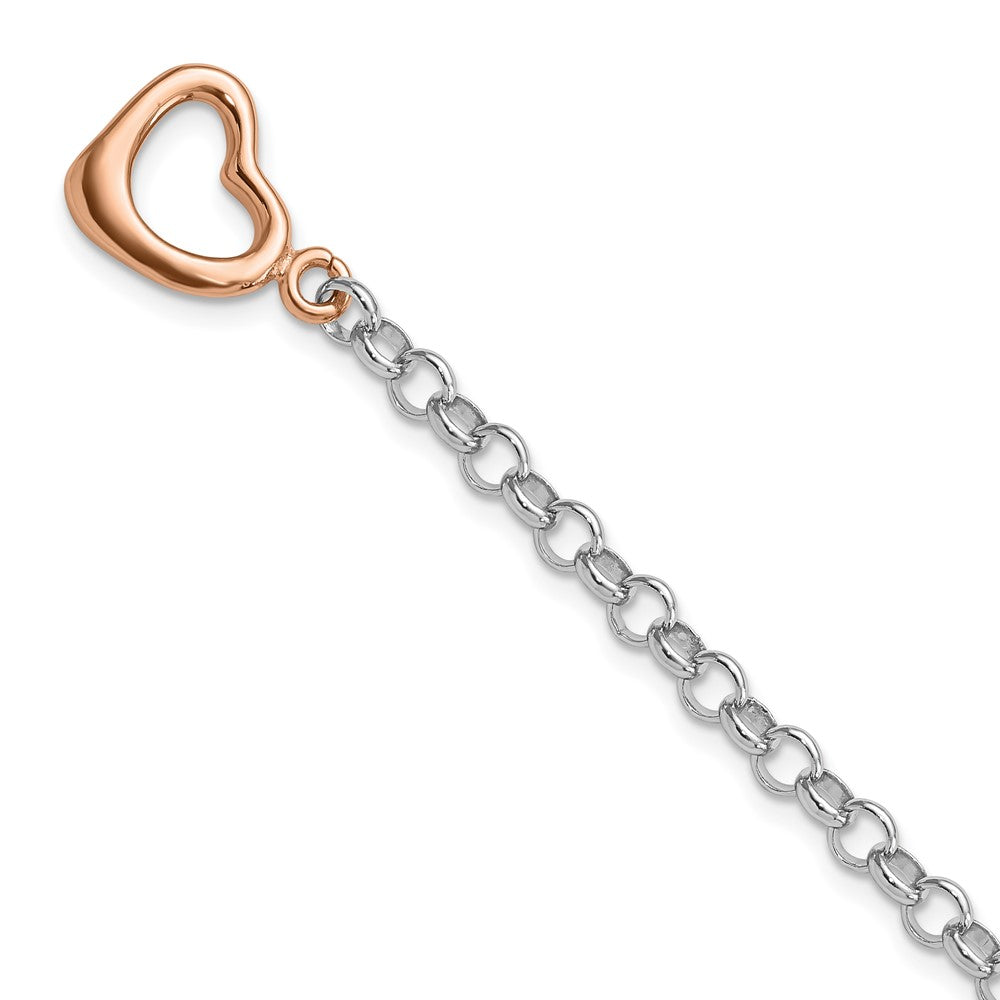 Sterling Silver Rhodium-plated Rose-tone Rolo w/Heart Bracelet 7.75 inches
