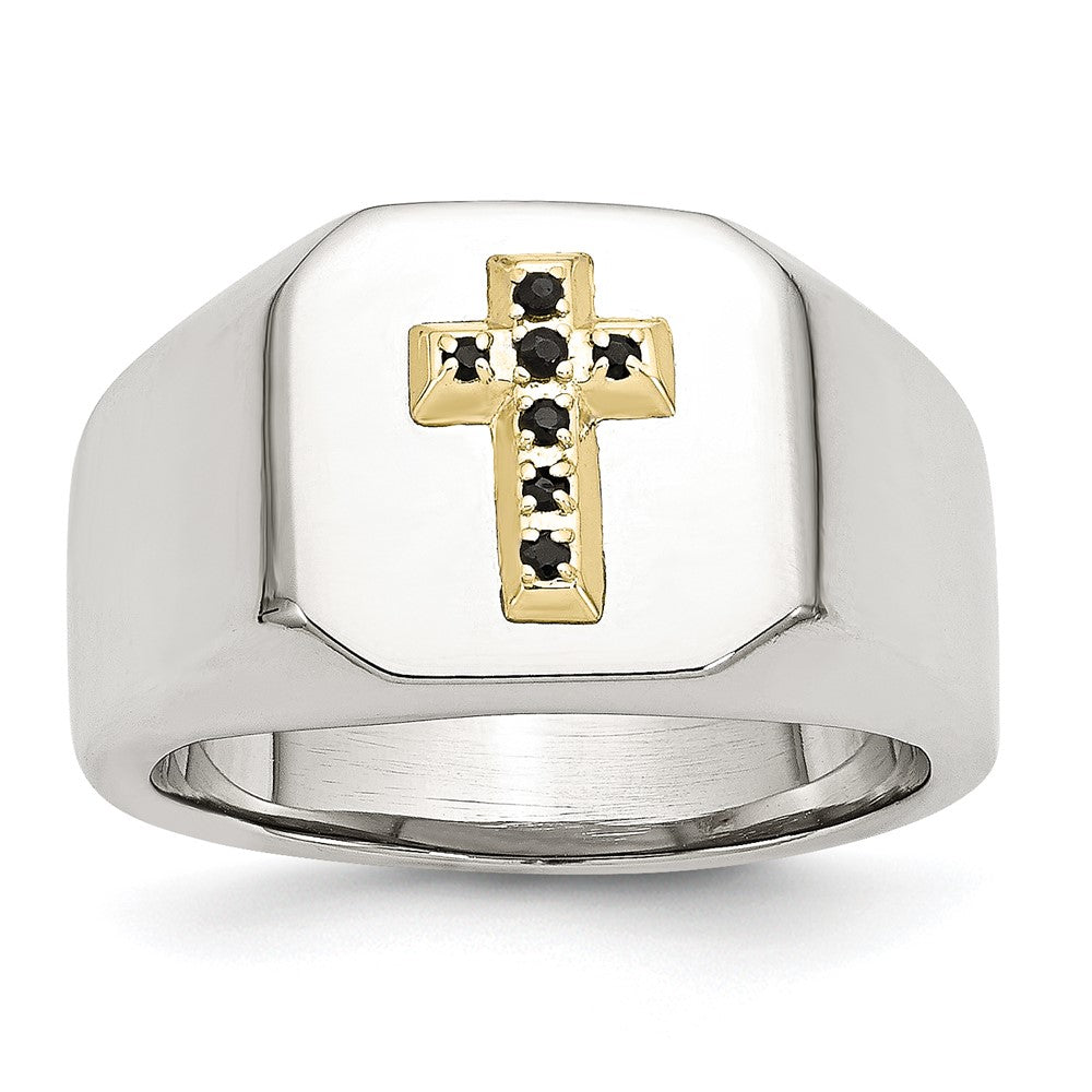 Stainless Steel Polished w/14k Accent 1/15ct Sapphire Cross Signet Ring Size - 11