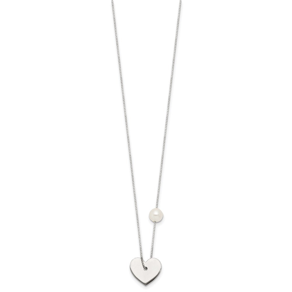 Sterling Silver Polished Glass Pearl Heart Necklace 16 Inches