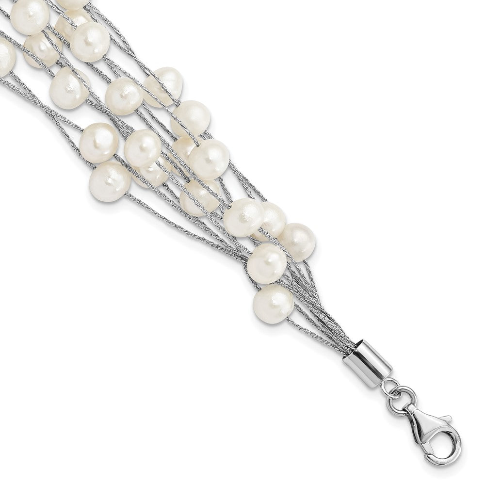 Sterling Silver Rhodium-plated 7-8mm White Semi-Round Freshwater Cultured Pearl Multi Strand 7.25 inch Bracelet 7.25 inches