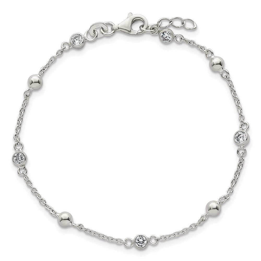 Sterling Silver Polished and Beaded CZ 6.75 inch with 0.5 inch Extension Bracelet