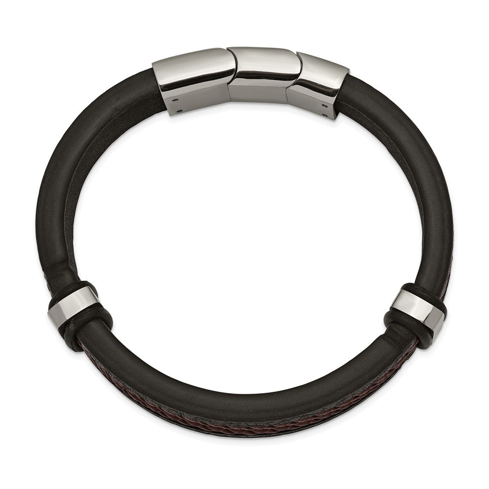 Stainless Steel Polished Black/Brown Braided Leather w/.5in ext. Bracelet 8 inches