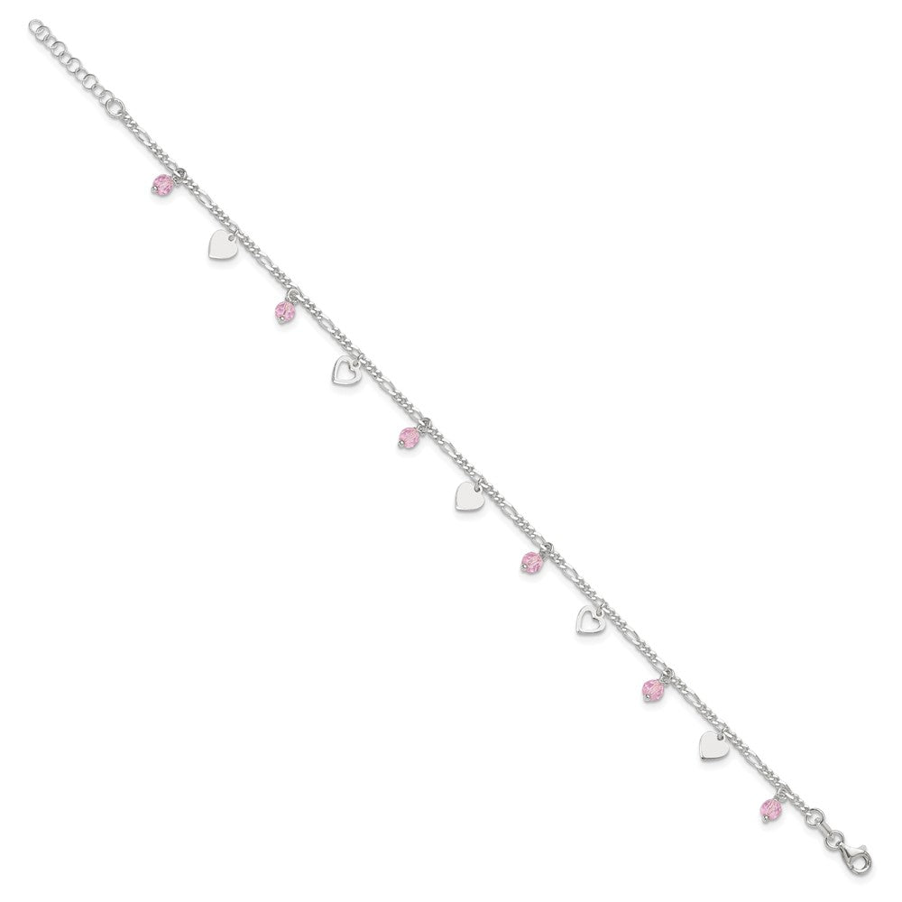 Sterling Silver Pink Glass Beads and Polished Hearts 9 inch Anklet with 1 inch extension 9 inches